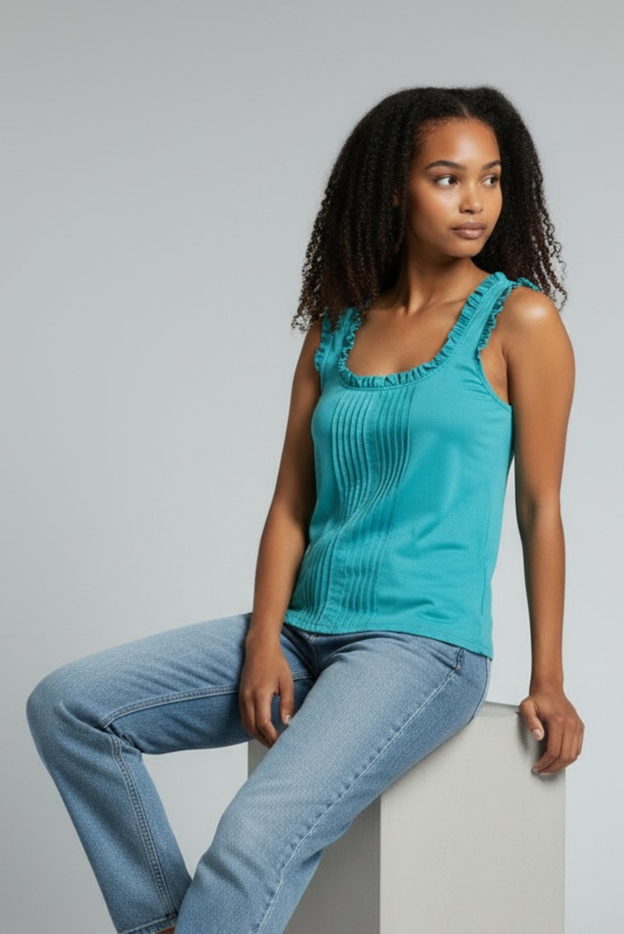 NWT Trina Turk Aqua Blue Ruffle Pleated Cotton Tank Top (FB2)